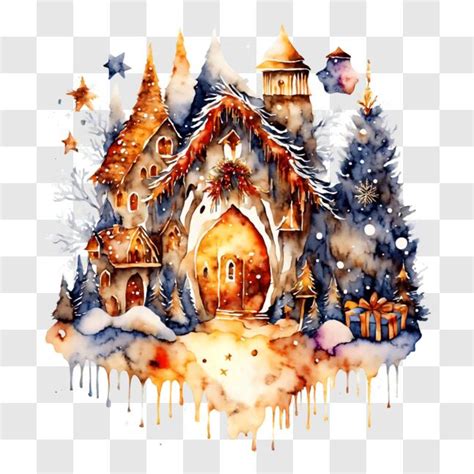 Download Snowy Village Watercolor Painting for the Holidays PNG Online - Creative Fabrica