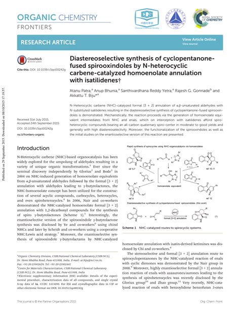 (PDF) Diastereoselective Synthesis of Cyclopentanone-Fused Spirooxindoles by N-Heterocyclic ...