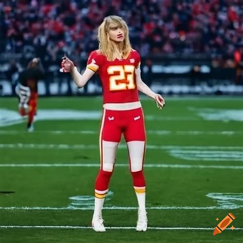 Taylor swift playing football in a travis kelce jersey on Craiyon