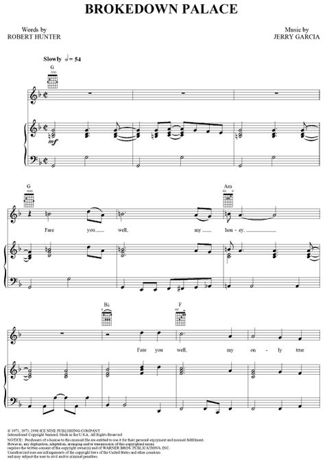 Brokedown Palace" Sheet Music by Grateful Dead for Piano/Vocal/Chords ...