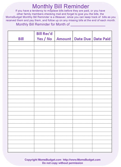 Monthly Bill Reminder - Free Printable Worksheet from MomsBudget.com