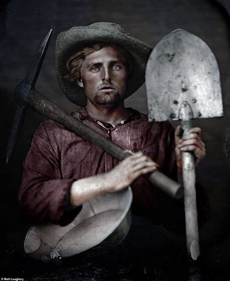 A Gold Rush miner posing with tools In 1851. The young miner looks at ...