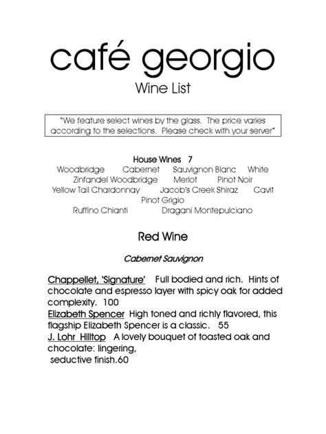 Café Georgio: Wine List | PDF | Wine Grape Varieties | Wine