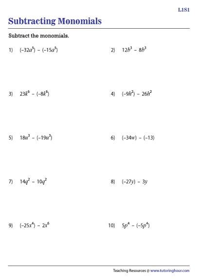 Subtracting Monomials Worksheets