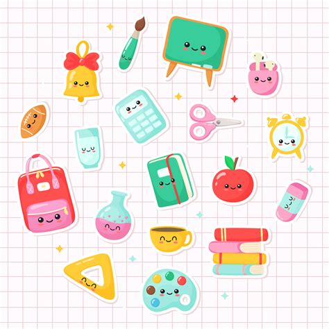 set of kawaii cartoon school supplies. back to school on white background. vector Illustration ...