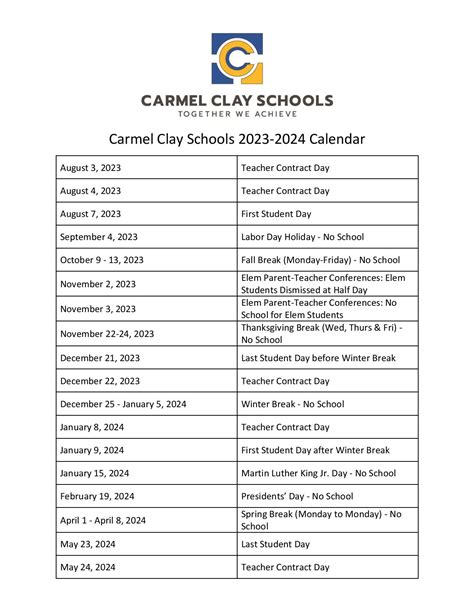 Carmel Clay Schools Calendar 2023-2024 in PDF