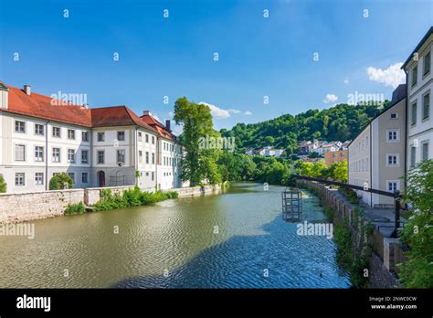 Eichstätt: river Altmühl, Old Town, right a replica of the historical Prelle (cucking stool or ...