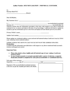 Declaration Form Aadhaar - Barclays - Fill and Sign Printable Template Online