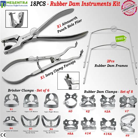 18 PCS RUBBER DAM DENTAL SET AINSWORTH PUNCH CLAMPS IVORY FRAME ...