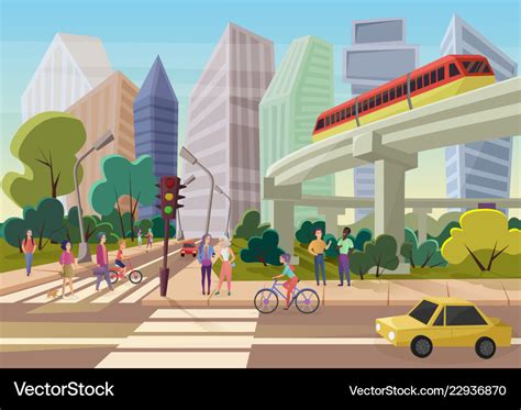 Modern urban cartoon city street with young people