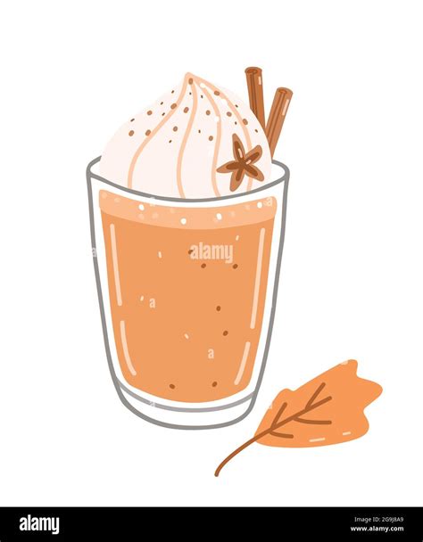 Autumn coffee drink - pumpkin spice latte with whipped cream and cinnamon. Vector hand-drawn ...