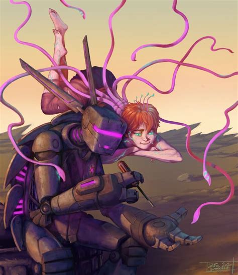 a woman with red hair sitting on top of a giant robot