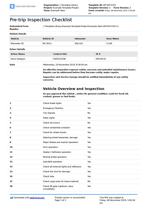 Truck Driver Pre Trip Inspection Checklist Template