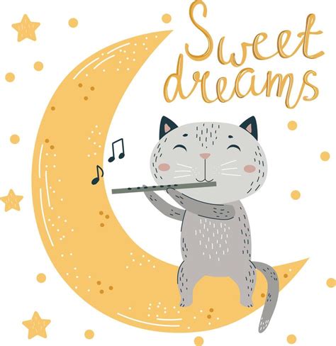 Sweet dreams wish for baby text Cute cat with flute sitting on the Moon ...