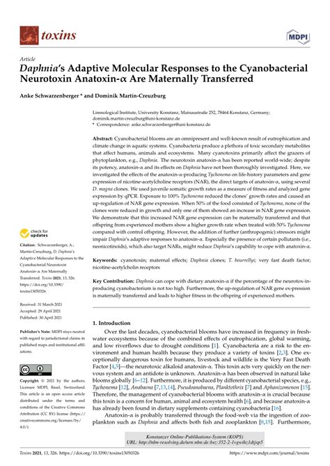 (PDF) Daphnia's Adaptive Molecular Responses to the Cyanobacterial Neurotoxin Anatoxin-α Are ...