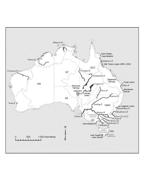 Map of Australian showing state and territory boundaries and some of ...