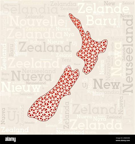 NEW ZEALAND map design. Country names in different languages and map ...