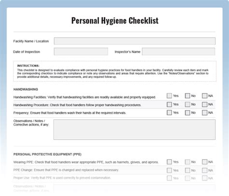 Personal Hygiene Inspection Checklist - Download Free PDF