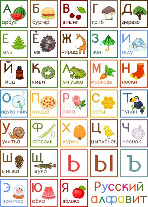 Colorful Russian Alphabet with Pictures and Titles for Children Education Stock Vector ...