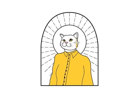 a white cat wearing a yellow shirt and standing in front of a stained glass window