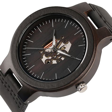 Black Ebony Wood Watches Minimalist Skeleton Dial Face Men Quartz Wristwatch Sports ...