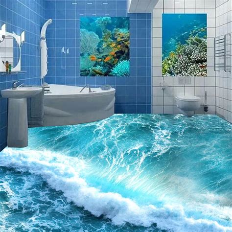 Custom Floor Mural 3D Stereoscopic Ocean Seawater Bedroom Bathroom Floor Wallpaper PVC ...