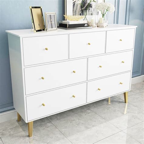 63" Modern White Bedroom Dresser 7-Drawer Cabinet Gold Finish in Small ...