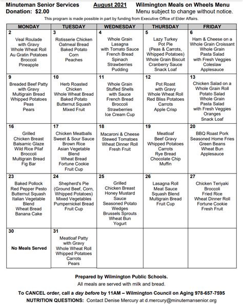 Wilmington’s August 2021 Meals On Wheels Lunch Calendar – Wilmington Apple