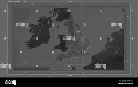 England - Great Britain highlighted on a Grayscale elevation map with lakes and rivers map with ...