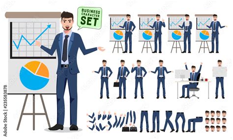 Male character for business presentation vector set. Business man cartoon character creation set ...