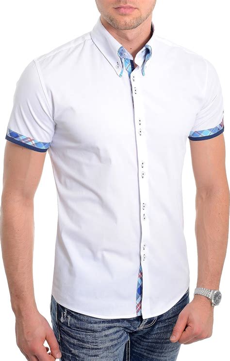 Mens White Short Sleeve Shirt Italian Design Slim Fit Blue Check Cotton New UK: Amazon.ca ...