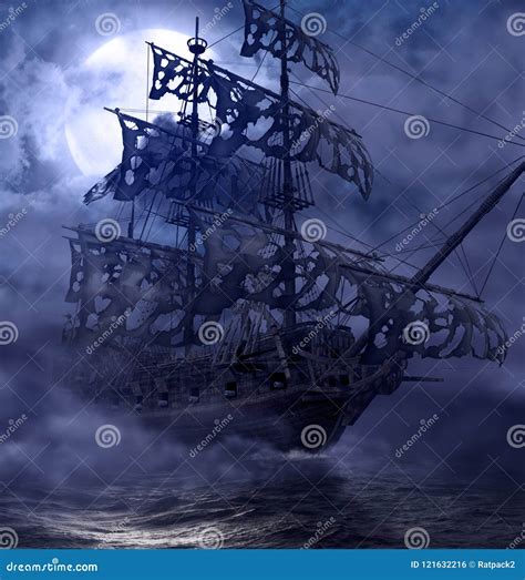 Flying Dutchman Ghost Pirate Ship In The Sea With Mysterious Green Light Stock Illustration ...