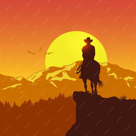 Premium Vector | Silhouette of lonesome cowboy riding horse at sunset, vector illustration