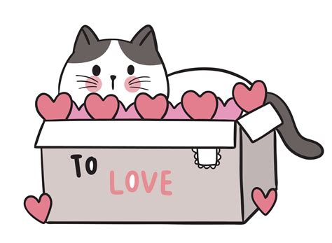 Hand draw cartoon cute Valentine day, Cat in the box vector. 1970479 ...