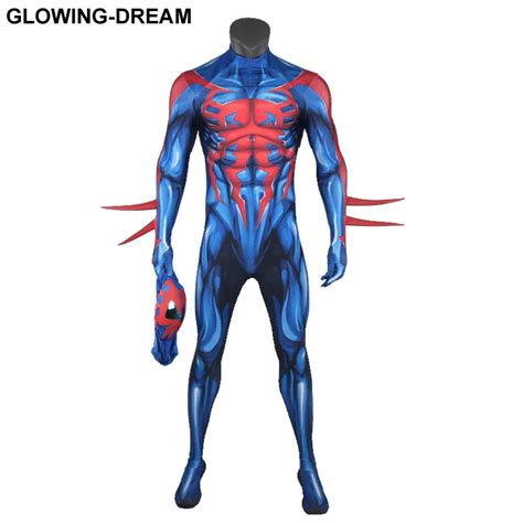 High Quality Blue Spider Man 2099 Costume With Mirror Lens U zipper 3D Print Muscle Shade ...