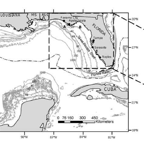 Study areas. (A) The Gulf of Mexico. Depth contours are labeled in 20 ...