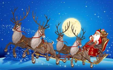 Santa Claus Sleigh With Reindeer Gifts Full Moon Desktop Wallpaper Hd ...