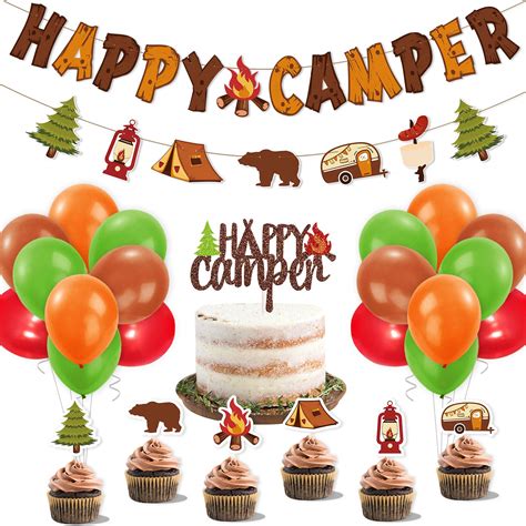 Buy Happy Camper Party Decoration Kit Banner Cake Topper Balloons Kids Backyard Camp Out ...