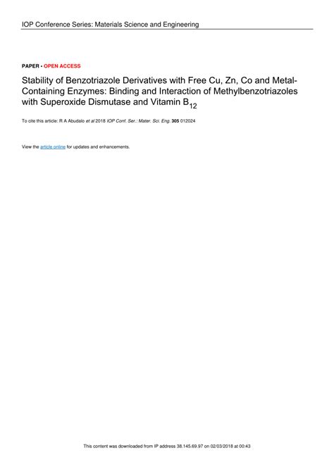 (PDF) Stability of Benzotriazole Derivatives with Free Cu, Zn, Co and Metal-Containing Enzymes ...