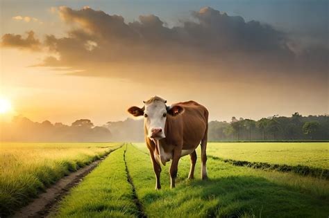 Premium Photo | A cow stands in a field with a sunset in the background.