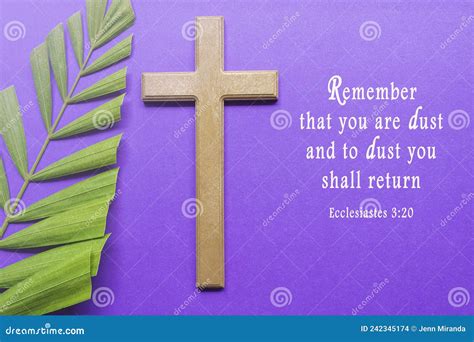 Ash Wednesday Bible Verse. Cross and Palm Leaves on Purple Background. Stock Photo - Image of ...