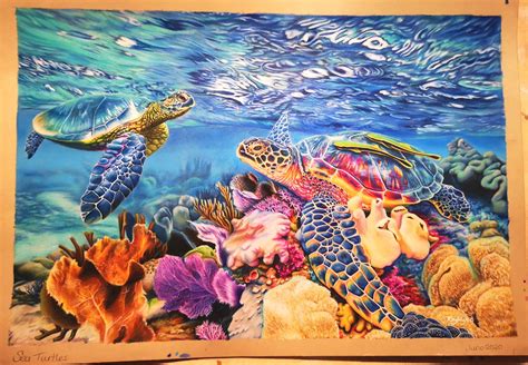 Sea Turtles, coloured pencil drawing : drawing