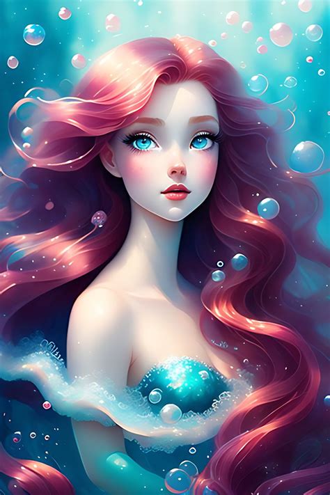 Sana: Little mermaid, long wavy red hair in motion, blue eyes, happy, underwater, bubbles