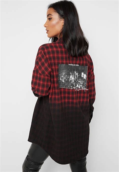 Faded Oversized Check Shirt with Print - Black/Red | Check shirt ...