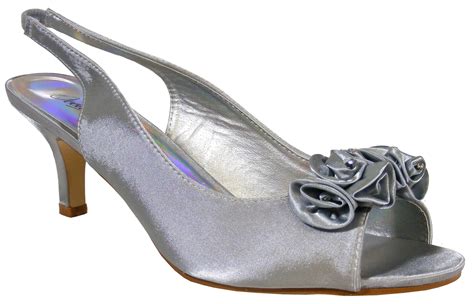 Ladies Silver Soft Satin Diamante Slingbacks Low Heels Bridesmaids ...