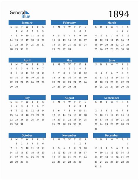 Free 1894 Calendars in PDF, Word, Excel