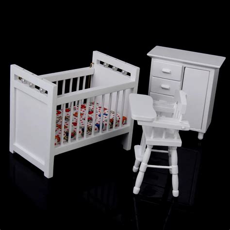 New Dollhouse Miniature Furniture Wooden Baby Bedroom set 1/12 White Doll House Decoration Dolls ...