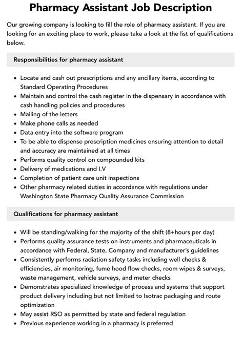 Pharmacy Assistant Job Description | Velvet Jobs