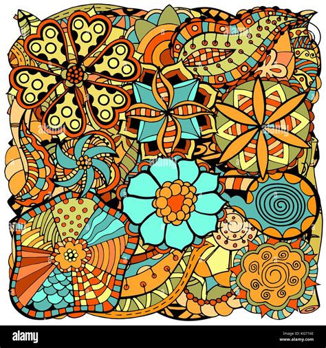 Ethnic colored floral zentangle, doodle background pattern circle in Stock Vector Art ...