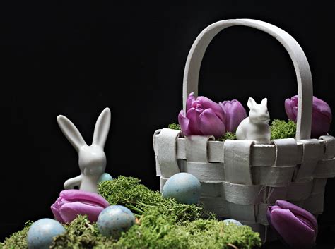 Free Images : flower, moss, ceramic, basket, map, egg, deco, hare, purple flowers, figure ...